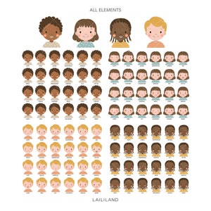 May include: A set of digital illustrations featuring various facial expressions of children with different skin tones. The illustrations include happy, sad, angry, surprised, and other emotions. The illustrations are perfect for creating custom characters for digital projects.