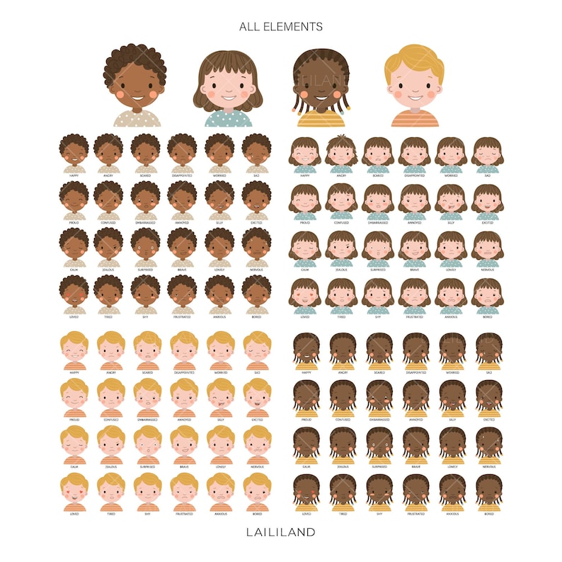 May include: A set of digital illustrations featuring various facial expressions of children with different skin tones. The illustrations include happy, sad, angry, surprised, and other emotions. The illustrations are perfect for creating custom characters for digital projects.