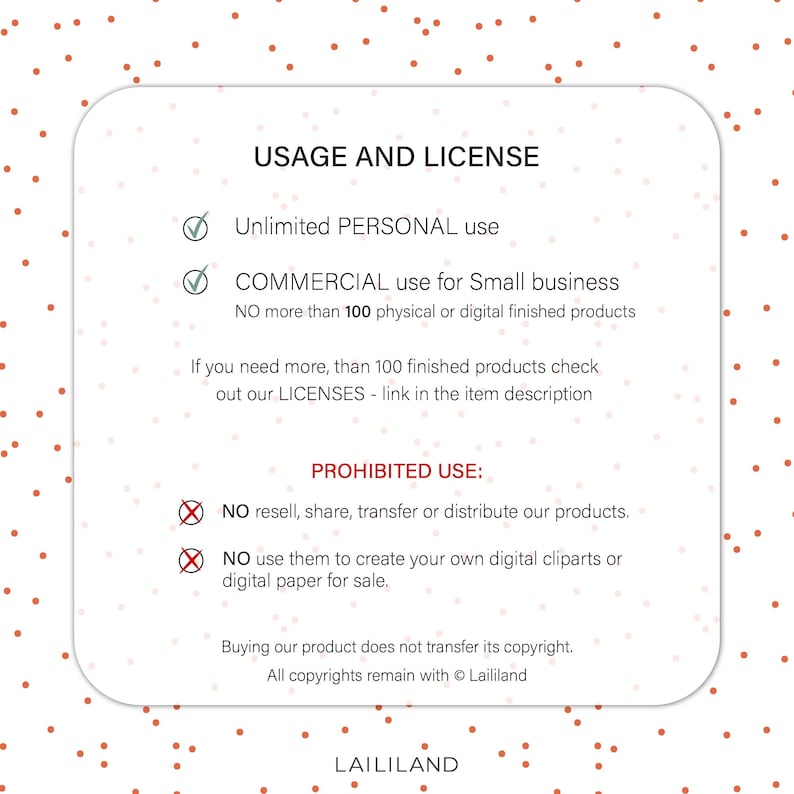 Puede incluir: Un fondo de cuadros blancos y rojos con un cuadro blanco que contiene el texto "USAGE AND LICENSE". El texto describe los t&eacute;rminos de uso para un producto digital, incluyendo el uso personal ilimitado, el uso comercial para peque&ntilde;as empresas con un l&iacute;mite de 100 productos terminados, y los usos prohibidos como la reventa o la distribuci&oacute;n del producto.