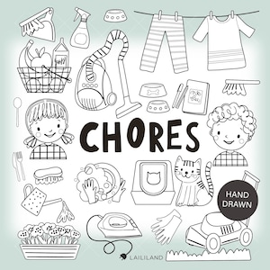 Kids Chores Clipart: Black and White Doodle Line Art (Digital Download)
