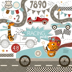 Raceauto clipart, dierlijke race-illustraties, retro raceauto png, doodle raceauto png, digitale download, persoonlijk en commercieel gebruik 004