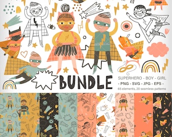 Superhero Clipart Bundle: Kids Seamless Patterns (Digital Download)