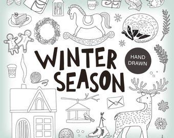 Winter Doodle Clipart: Snowman, Hand-Drawn Season Elements (Digital Download)