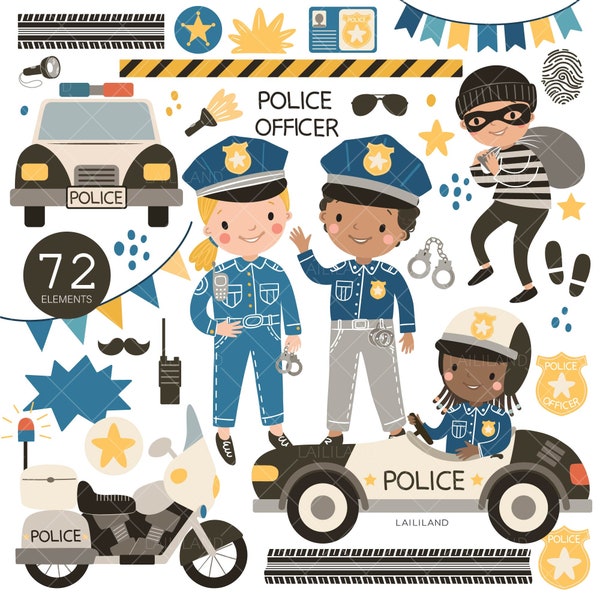 Police clipart, police kids clip art, police car clipart, police birthday party decorations PNG files, Personal and Commercial use 039