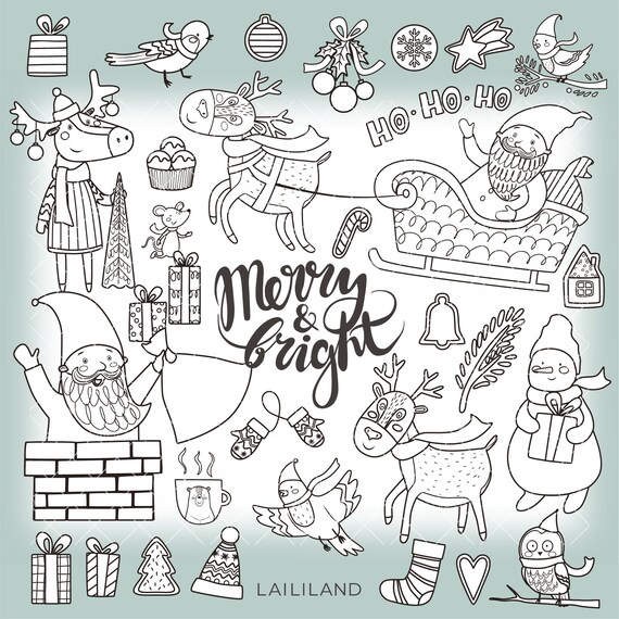 Christmas Black and White Clipart: Doodle Holiday PNG and EPS