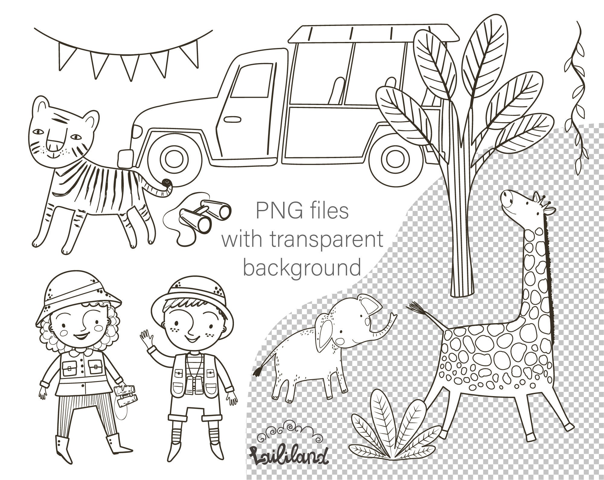 Safari Black and White Clipart Doodle Clip Art African Etsy