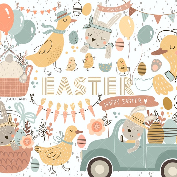 Easter clipart, Easter bunny clip art, spring clipart,retro truck png, Easter eggs png, digital download, Personal and Commercial use 029