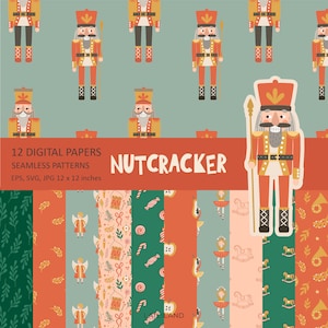 Papel digital quebra-nozes, padrão sem emendas de Natal, fundo digital de férias de inverno, download instantâneo, uso pessoal e comercial 021