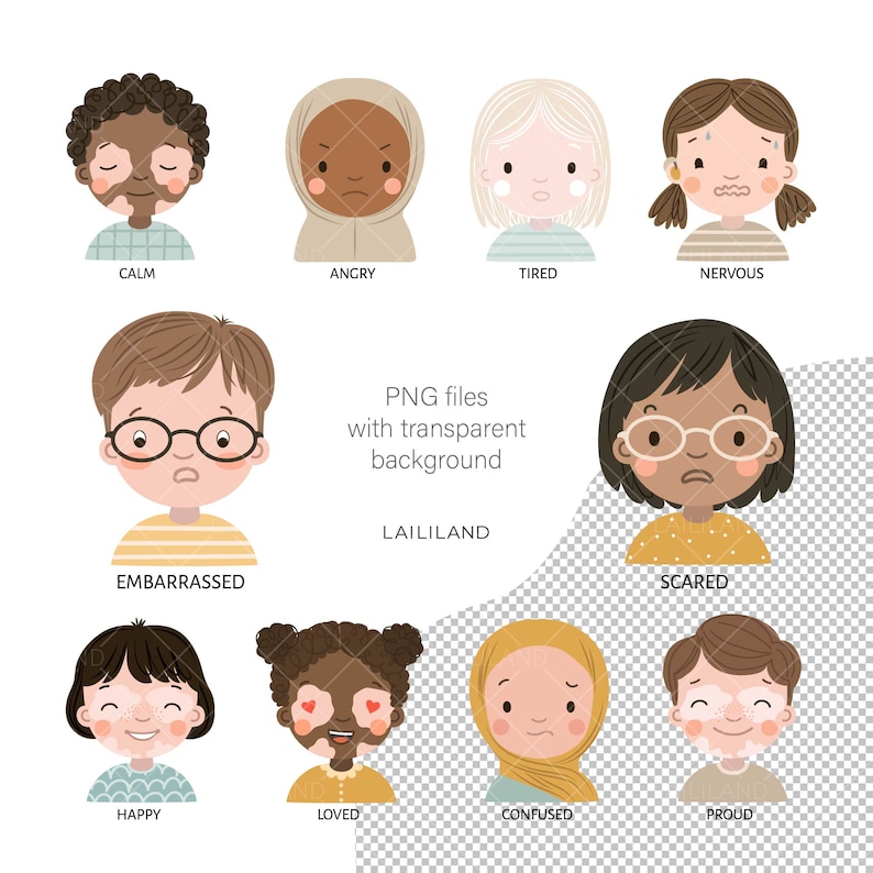 May include: A set of 10 cartoon illustrations depicting different emotions. Each illustration features a child with a different facial expression and a word describing the emotion below the image. The emotions include calm, angry, tired, nervous, embarrassed, scared, happy, loved, confused, and proud.