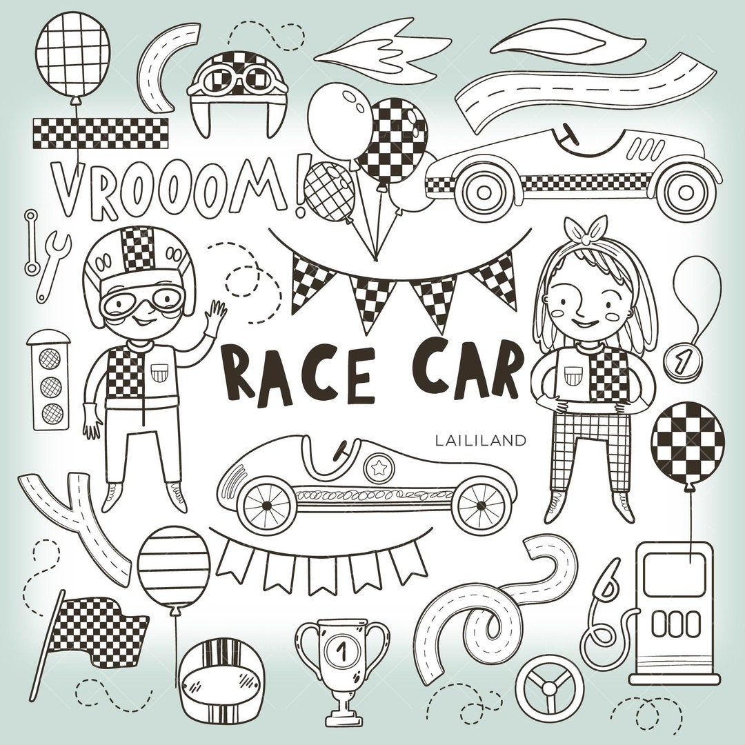 Race Car Doodle Clipart, Kids Black and White Clip Art, Racing Clipart ...