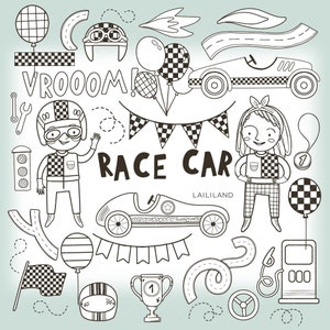 Raceauto doodle clipart, kinderen zwart-wit illustraties, race clipart, digitale stempel, digitale download, persoonlijk en commercieel gebruik 004