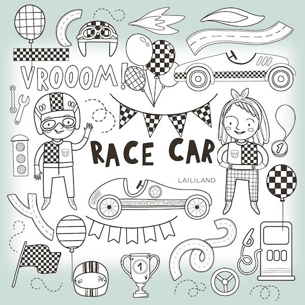 Race car doodle clipart, kids black and white clip art, racing clipart, digital stamp, digital download, Personal and Commercial use 004