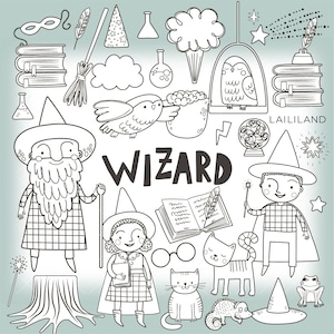 Wizard black and white clipart, magic doodle clip art, wizard supplies clipart, digital download, Personal and Commercial use 017