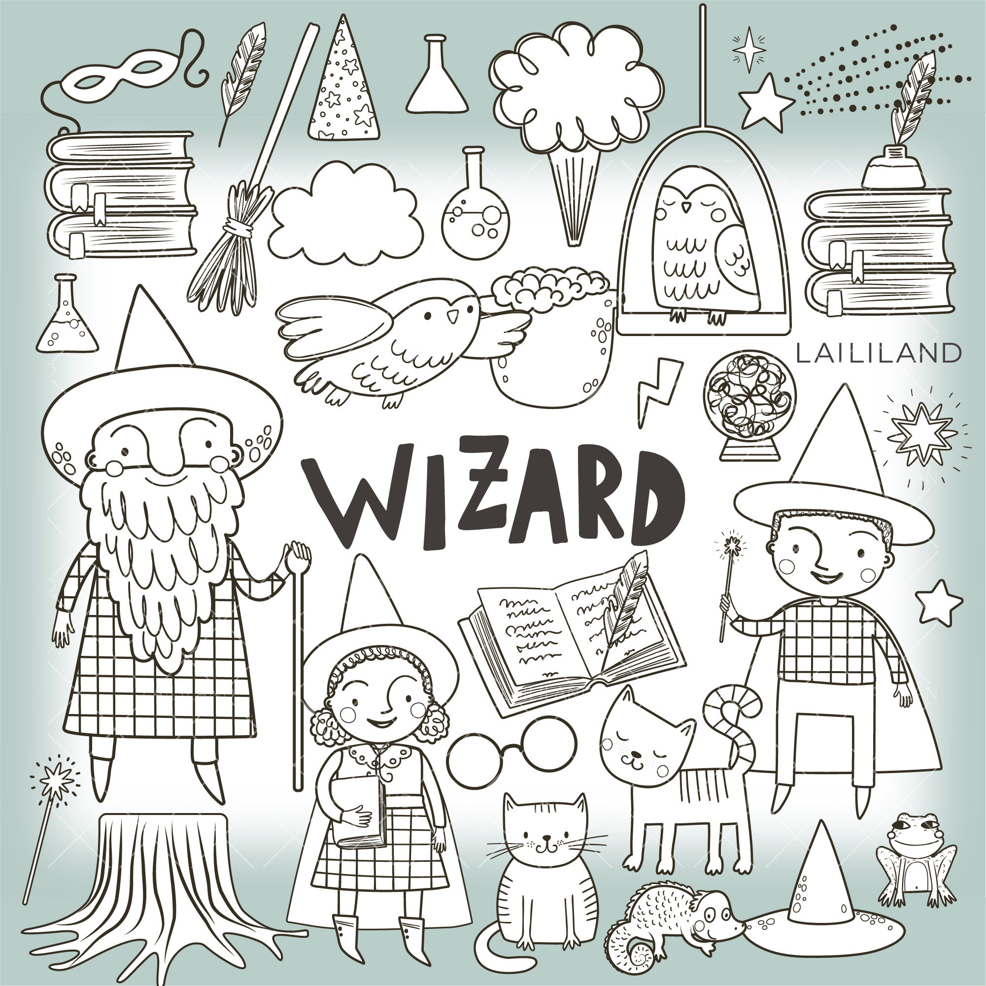 Wizard black and white clipart, magic doodle clip art, wizard supplies clipart, digital download, Personal and Commercial use 017