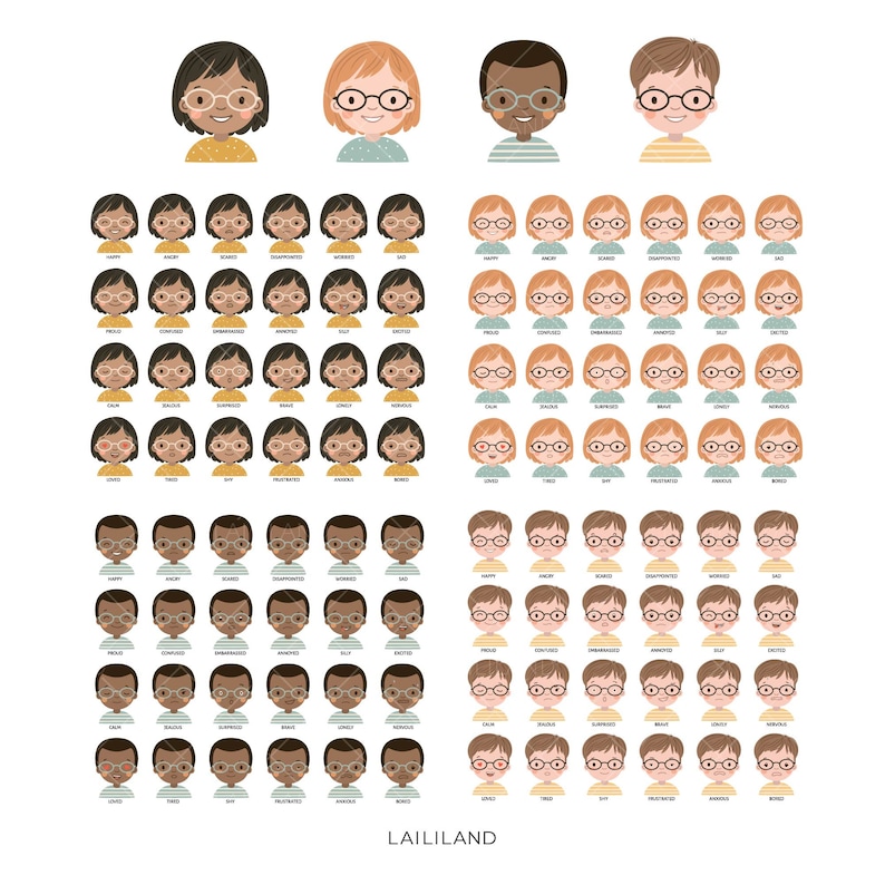 May include: A set of 96 digital illustrations of cartoon faces with different expressions. The faces are of various skin tones and have glasses. The faces are arranged in a grid with the text "LAILILAND" at the bottom.
