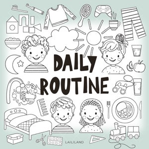 Clipart noir et blanc de routine quotidienne d'enfants, clipart de doodle de routine du matin après-midi du soir, téléchargement numérique, usage personnel, commercial 001