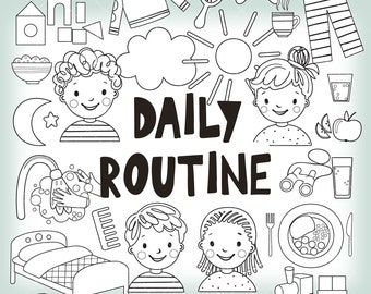 Kids daily routine black and white clipart, morning afternoon evening routine doodle clipart, digital download, Personal, Commercial use 001