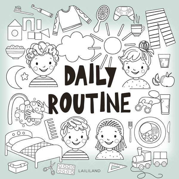 Kids daily routine black and white clipart, morning afternoon evening routine doodle clipart, digital download, Personal, Commercial use 001