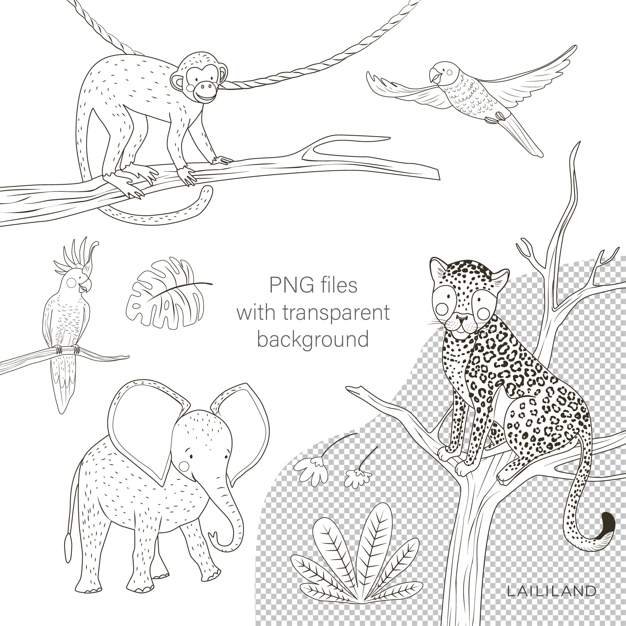 Jungle Animal Black and White Clipart Safari Doodle Clip Art | Etsy