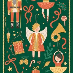 Puede incluir: Un fondo verde con una variedad de adornos navide&ntilde;os, incluyendo un cascanueces, &aacute;ngeles, bailarinas, bastones de caramelo y un tambor. Los adornos est&aacute;n todos en un esquema de color rojo, blanco y dorado festivo. El texto "@laililand" y "laililand" tambi&eacute;n est&aacute;n incluidos en la imagen.