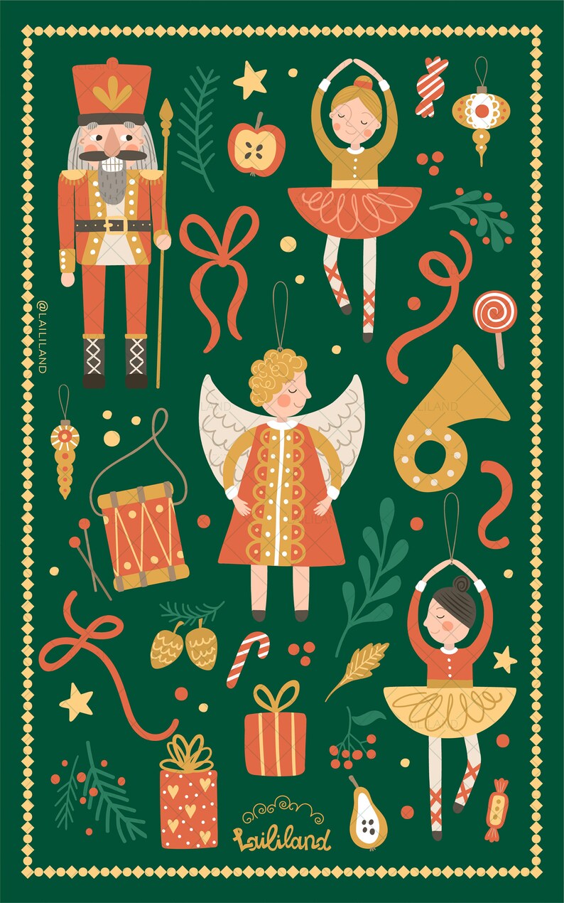 Puede incluir: Un fondo verde con una variedad de adornos navide&ntilde;os, incluyendo un cascanueces, &aacute;ngeles, bailarinas, bastones de caramelo y un tambor. Los adornos est&aacute;n todos en un esquema de color rojo, blanco y dorado festivo. El texto "@laililand" y "laililand" tambi&eacute;n est&aacute;n incluidos en la imagen.