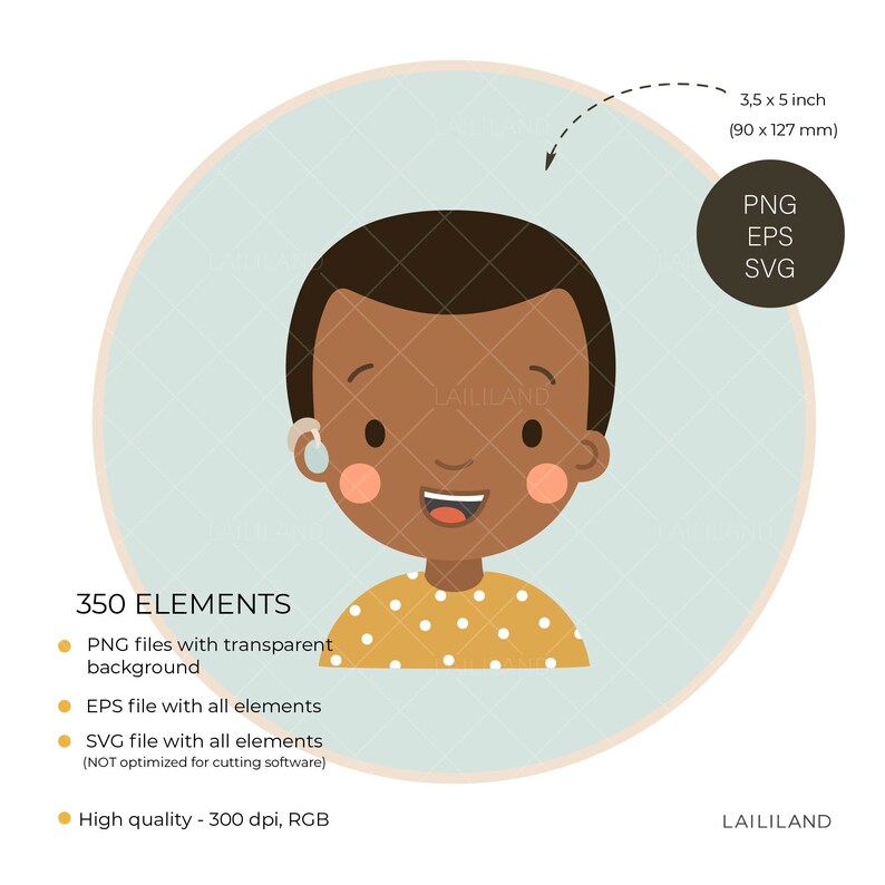 May include: Illustration of a smiling child with brown skin wearing a yellow shirt with white polka dots. The image is 3.5 inches by 5 inches and is available in PNG, EPS, and SVG formats. The image includes 350 elements and is high quality at 300 dpi.