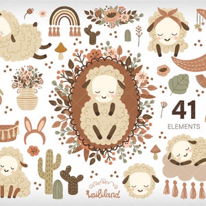 Clipart agnello, clipart baby shower, clipart cucciolo di animale, clipart pecora, clipart neonato, clipart bambino boho, uso commerciale