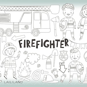 Feuerwehrmann schwarz weiss Clipart: Kids Doodle Art (digitaler Download)