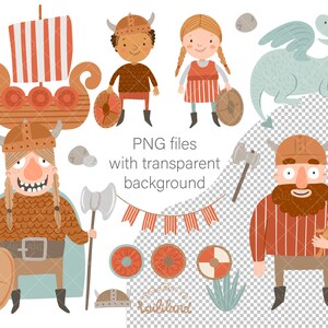 Może przedstawiać: Zestaw cyfrowych ilustracji przedstawiających statek wiking&oacute;w, dwie postacie wiking&oacute;w, smoka i inne elementy dekoracyjne. Ilustracje są w stylu kresk&oacute;wkowym z jasnymi kolorami i fantazyjnymi detalami.