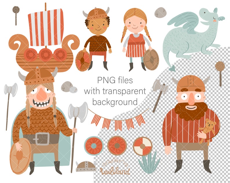 Może przedstawiać: Zestaw cyfrowych ilustracji przedstawiających statek wiking&oacute;w, dwie postacie wiking&oacute;w, smoka i inne elementy dekoracyjne. Ilustracje są w stylu kresk&oacute;wkowym z jasnymi kolorami i fantazyjnymi detalami.