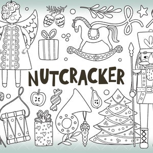 Quebra-nozes preto e branco clipart, Natal doodle clip art, inverno linha arte clipart, download digital, uso pessoal e comercial 021