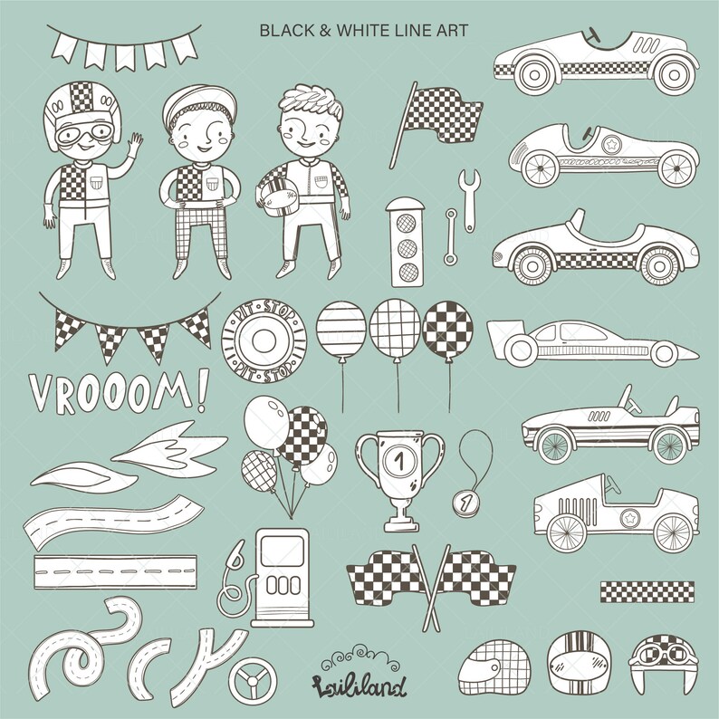 Race Car Doodle Clipart Kids Black and White Clip Art Racing - Etsy UK