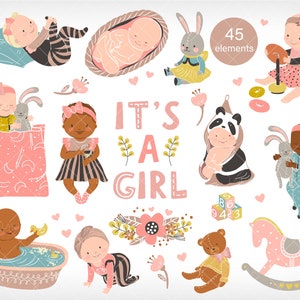 Baby girl clipart, baby shower clipart, its a girl vector clipart, arfican american baby girl clipart, digital download, Commercial use 008