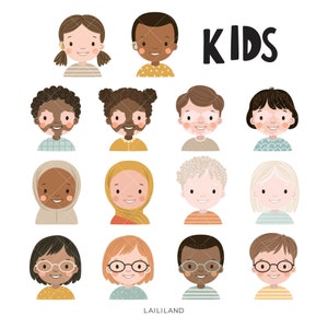 May include: Illustration of 14 diverse children with different skin tones, hair colours, and clothing styles. The word "KIDS" is written in black at the top of the image.