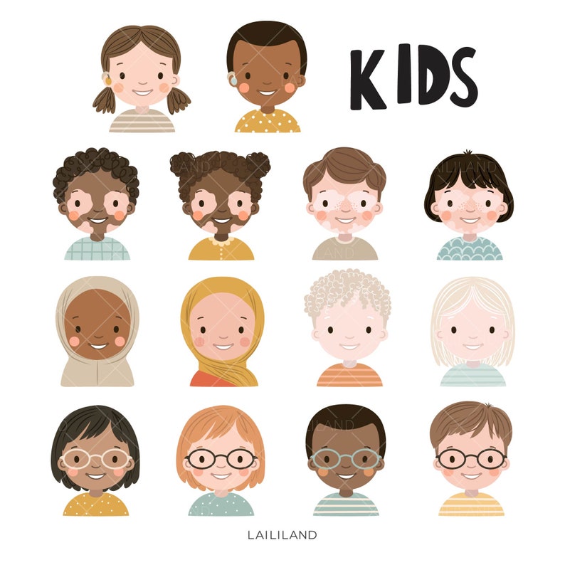 May include: Illustration of 14 diverse children with different skin tones, hair colours, and clothing styles. The word "KIDS" is written in black at the top of the image.