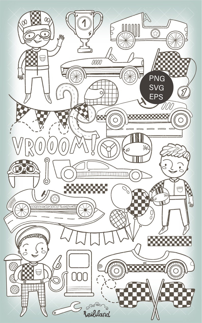 Race Car Doodle Clipart Kids Black and White Clip Art Racing - Etsy Canada