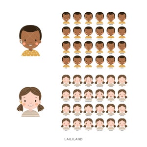 May include: A set of illustrations featuring two cartoon characters, a girl and a boy, with various facial expressions. The characters have brown skin, brown hair, and are wearing casual clothing. The expressions include happy, sad, angry, surprised, and more. The illustrations are labelled with the name "LAILILAND".