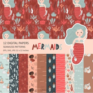 Mermaid seamless pattern, mermaid digital paper, sea digital background, digital download, Personal and Commercial use 024