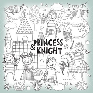 Prinzessin und Ritter Schwarzweiß Clipart, Kinder Doodle Clipart, Prinzessin Linie Kunst png, digitaler Download, persönlicher und kommerzieller Gebrauch 015