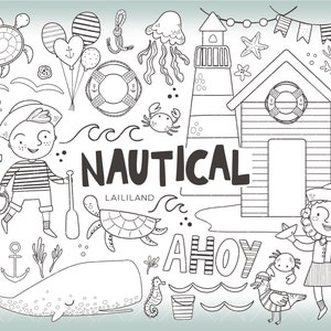 Nautische Schwarzweiß Cliparts, Sommer Doodle Clip Art, Meer Clipart, sofortiger Download, persönlicher und kommerzieller Gebrauch 023