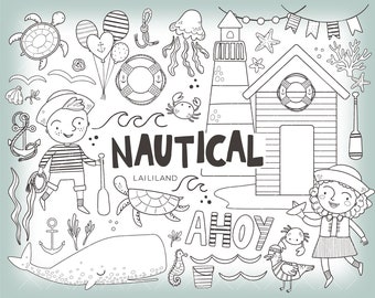 Nautical black and white clipart, summer doodle clip art, sea clipart, instant download, Personal and Commercial use 023