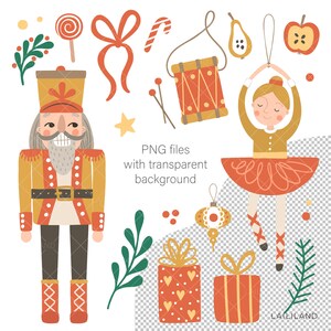 Puede incluir: Un conjunto de ilustraciones de Navidad en clipart que incluyen un cascanueces, una bailarina, un tambor, un bast&oacute;n de caramelo, una pera, una manzana, un lazo, una estrella, una rama de &aacute;rbol de Navidad, una caja de regalo y un adorno navide&ntilde;o. Las ilustraciones son de estilo de dibujos animados con colores brillantes y l&iacute;neas gruesas.