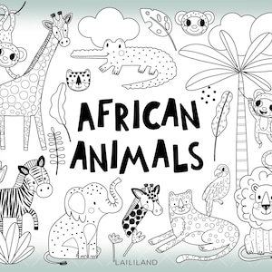 Afrikaanse dieren zwart-wit clipart, safari dieren doodle illustraties, jungle dieren png, digitale download, persoonlijk en commercieel gebruik