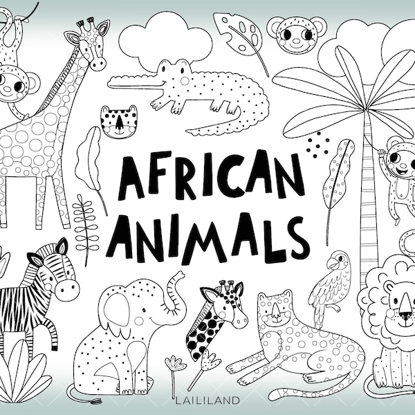 African animals black and white clipart, safari animal doodle clip art, jungle animal png, digital download, Personal and Commercial use 011