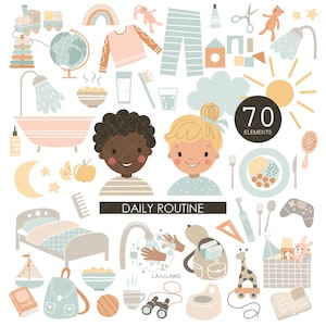 Kinderen dagelijkse routine clipart, routine illustraties, ochtend middag avond routine png-bestanden, digitale download, persoonlijk en commercieel gebruik 001