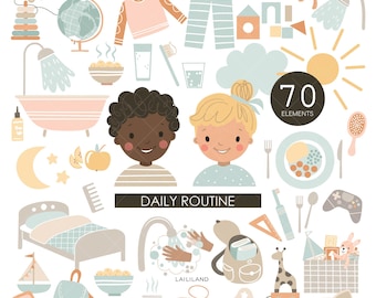 Kids Daily Routine Clipart: Morning, Afternoon, Evening (PNG, EPS, SVG Digital Download)