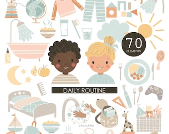 Kids daily routine clipart, routine clip art, morning afternoon evening routine png files, digital download, Personal and Commercial use 001