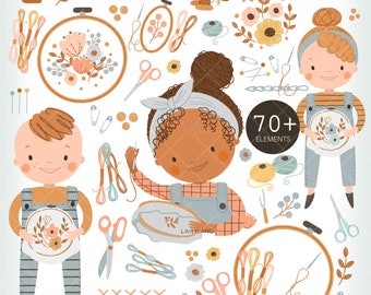 Embroidery Clipart: Girl and Boy, Supplies PNG Files (Digital Download)