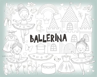 Ballerina black and white clipart, princess doodle clip art, little girl line art png, digital download, Personal and Commercial use 026