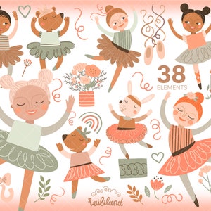Peut inclure: Un ensemble de 38 illustrations colorées représentant des ballerines, des animaux et des éléments floraux. Les illustrations sont de style fantaisiste avec une palette de couleurs rose, verte et marron. L'ensemble comprend une ballerine avec un tutu rose, une ballerine avec un tutu vert, une ballerine avec un tutu marron, un ours portant un tutu rose, un lapin portant un tutu rose, un ours portant un tutu vert, un bouquet de fleurs, un chandelier et d'autres éléments décoratifs.